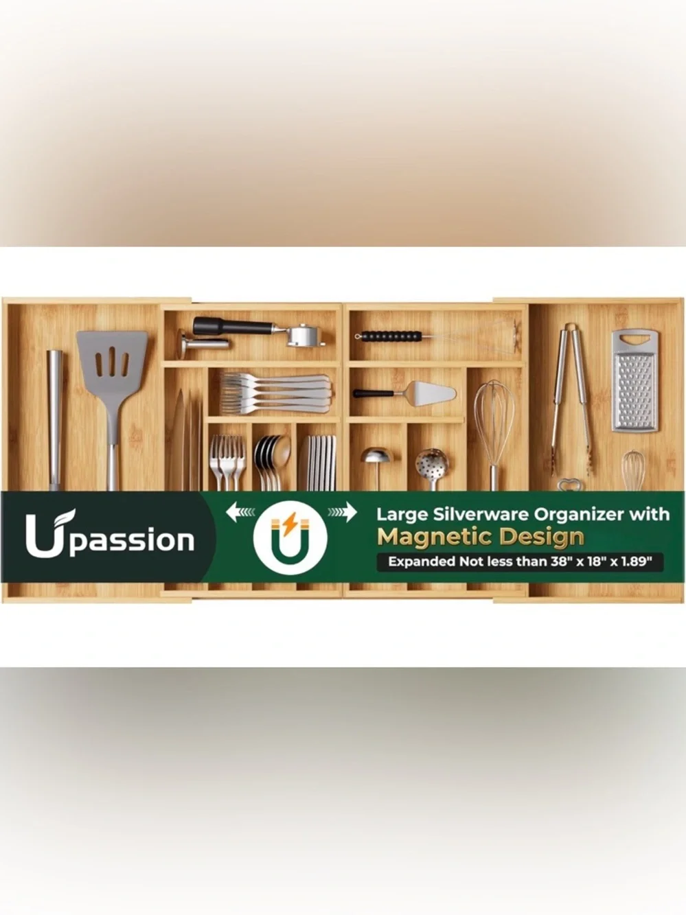 NWT Upassion Brand Bamboo Utensil Drawer Organizer Bamboo Magnetic Expandable